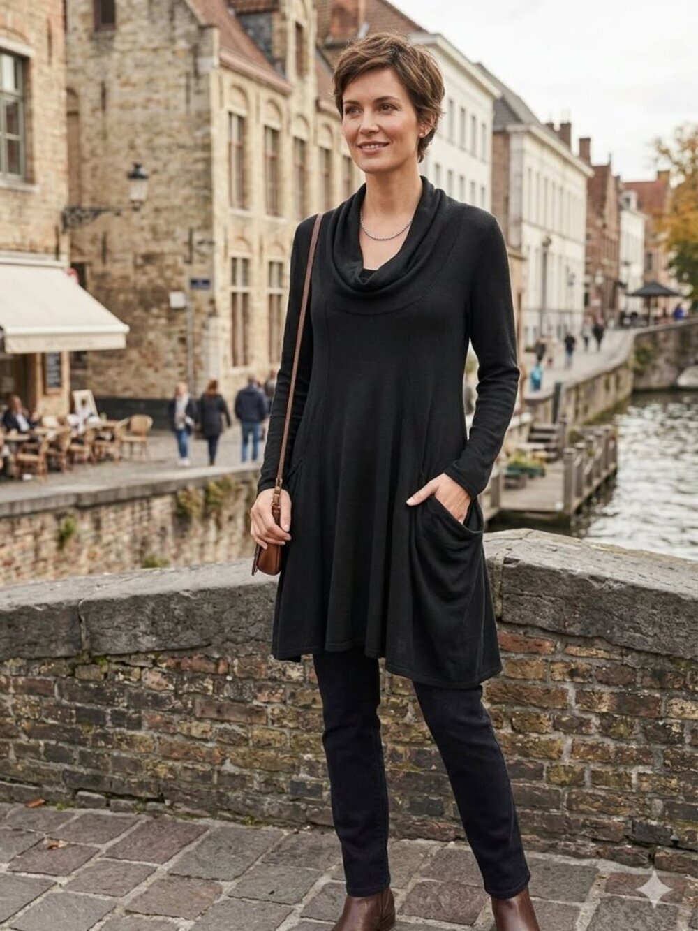 Lagenlook Black Cowl Neck Wool Blend Tunic Dress - Long Sleeve, Side Pocket